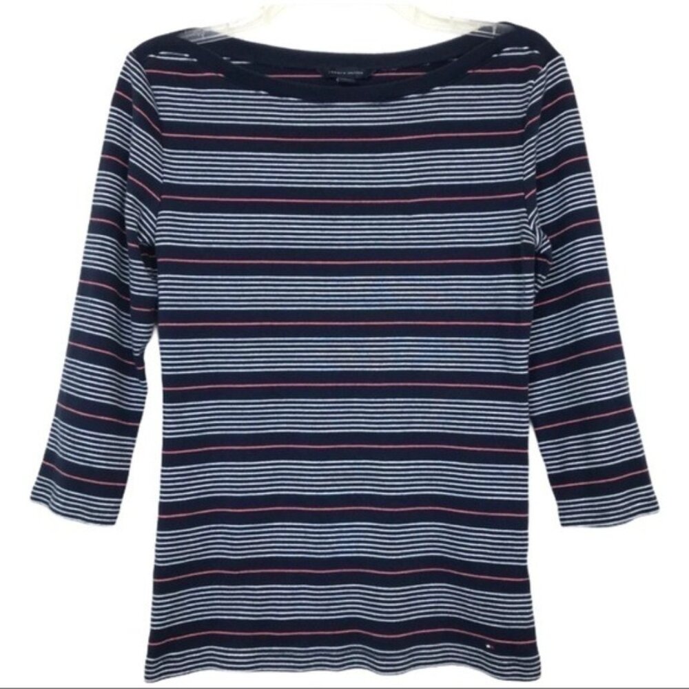 Tommy Hilfiger Top Womens M Navy Pink White Striped Boatneck 3/4 Sleeve Preppy